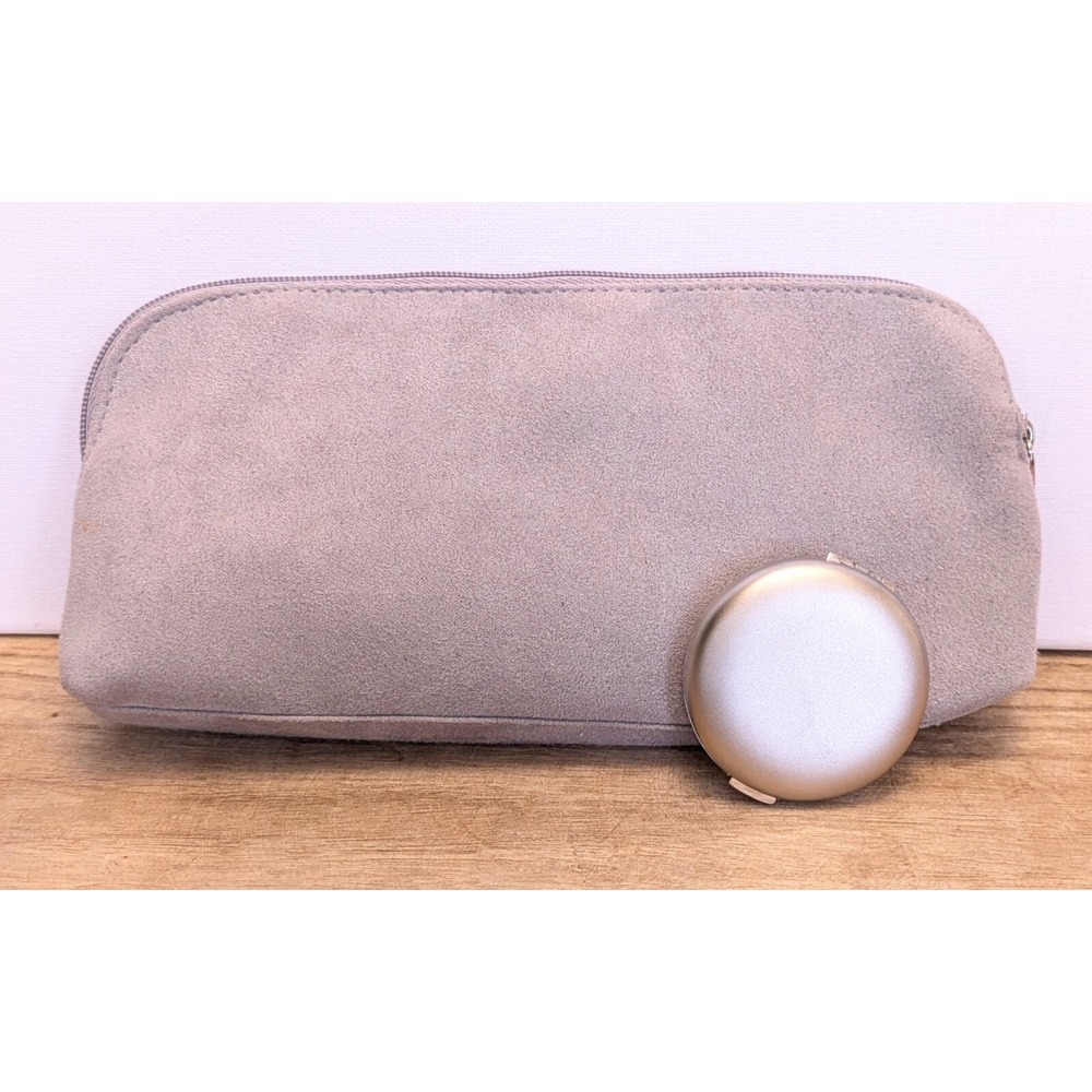 Estee Lauder Faux Suede Gray Cosmetic Zipper Bag Pouch Clutch + Travel Mirror - Picture 3 of 11